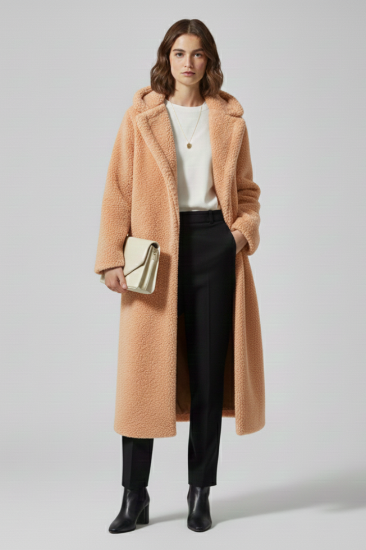 Cappotto lungo da donna con cappuccio e superficie testurizzata