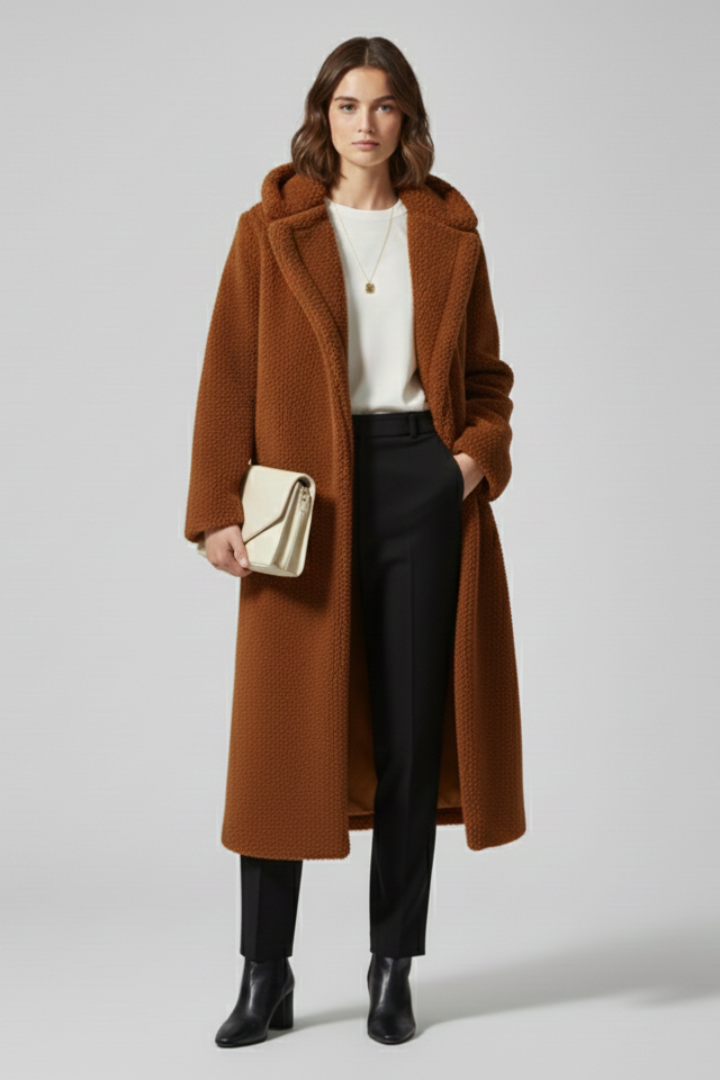 Cappotto lungo da donna con cappuccio e superficie testurizzata