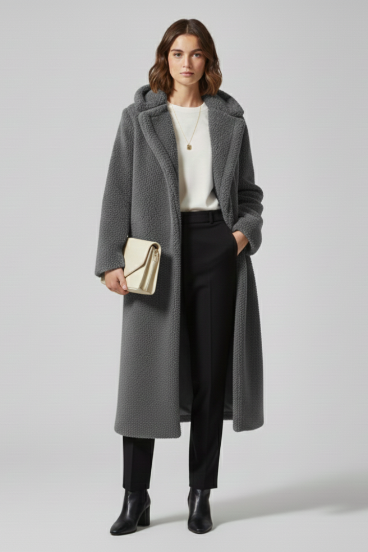 Cappotto lungo da donna con cappuccio e superficie testurizzata