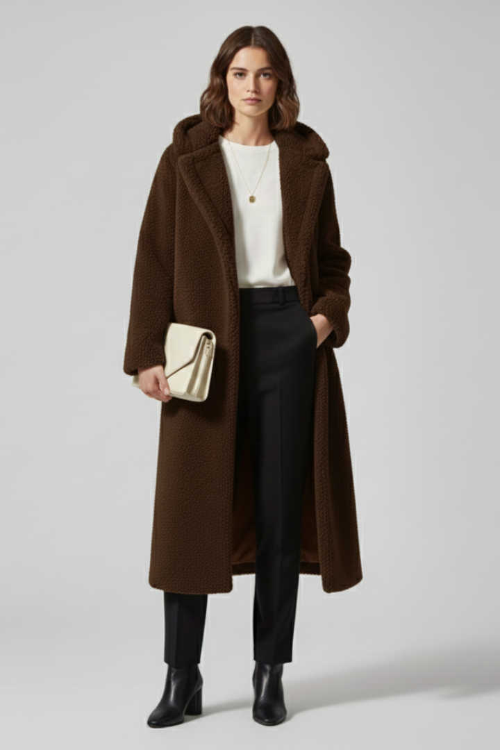 Cappotto lungo da donna con cappuccio e superficie testurizzata