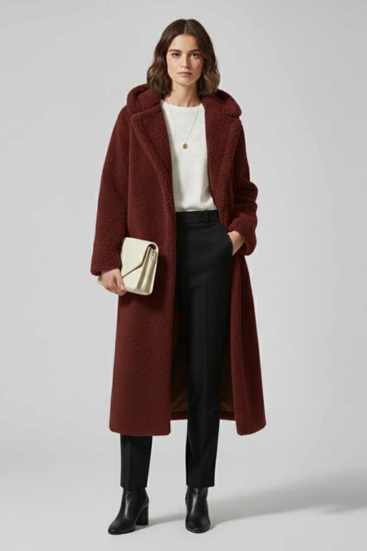 Cappotto lungo da donna con cappuccio e superficie testurizzata