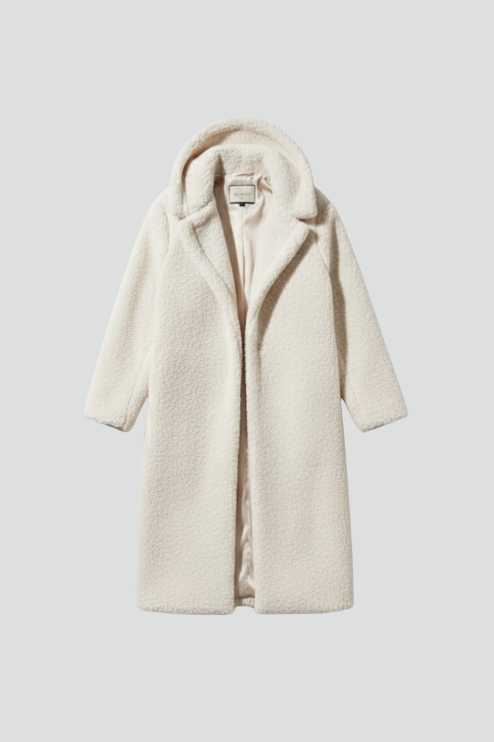 Cappotto lungo da donna con cappuccio e superficie testurizzata
